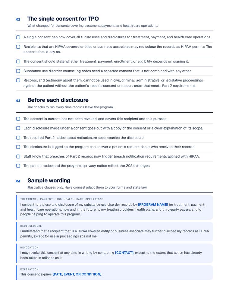 A page from the 42 CFR Part 2 consent checklist for the 2024 final rule